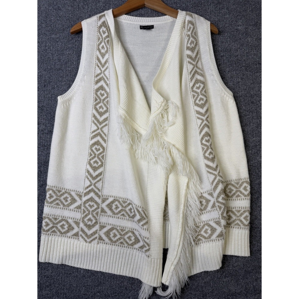 New Directions Petite PL Cream Fringe Knit Vest Gold Metallic Boho Sweater‎